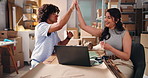 Ecommerce, people and high five with laptop for celebration, distribution and small business courier service. Man, woman and partnership with supply chain for online shopping, logistics and order