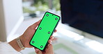 Person, hands or phone with green screen in office for UI advertising, UX or software testing. Closeup, employee or user with mobile smartphone display, digital design or VFX tracking on mockup space
