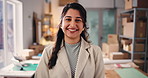 Woman, face and happy at startup for dropshipping, pride and career with supply chain at company. Person, smile and entrepreneur in portrait, boxes or inventory management for distribution in Mexico
