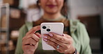 Shipping, startup and hands of woman with phone for website review, supply chain or delivery. Small business, ecommerce and person scroll on smartphone for inventory, distribution or online logistics