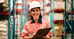 Clipboard, face and inspection with woman in warehouse for stock, storage or quality control. Distribution checklist, inventory and shipping with happy person in supply chain depot for delivery