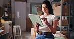 Tablet, pen and woman in office for shipping, ecommerce or reading email for procurement. Technology, stylus and small business entrepreneur with logistics info, review and order tracking in startup