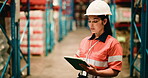 Woman, scroll or inspection in warehouse with tablet, inventory management or quality control report. PPE, person or typing in wholesale factory with tech for logistics, distribution or supply chain.