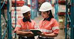 Logistics, discussion or people with tablet in warehouse, storage inspection or plan cargo transport. Shipping agenda, quality control or women in distribution depot for inventory check, tech or talk