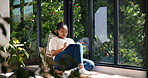 Creative, writing and woman with notebook, window and planning for story with ideas and inspiration. Thinking, author and black person with journal for novel, home or brainstorming with notes on seat