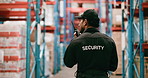 Logistics, man and security with radio in warehouse for inspection, quality control or export. Supply chain, shipping and back of safety manager with communication for freight delivery at factory.