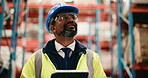 Inspection, tablet and walking with black man in warehouse for stock, storage or quality control. App, delivery and logistics checklist with person in supply chain depot for commercial distribution
