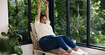 Stretching, relax and laptop with black woman in home for mindfulness, self care and comfortable. Freelancer, satisfaction and peace with person in apartment for stress relief, calm and weekend