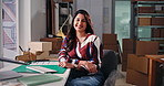 Woman, face and arms crossed with laptop for dropshipping, startup and supply chain at company. Person, boxes and portrait with computer, logistics or inventory management for distribution in Mexico