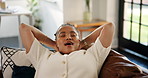 Stretching, relax and sofa with black woman in home for mindfulness, self care and comfortable. Happy, satisfaction and peace with person in apartment for stress relief, calm and weekend break
