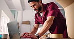 Supply chain, shipping and man on laptop for inventory report, supplier and online checklist. Small business, ecommerce and worker on computer for distribution, delivery and logistics in office