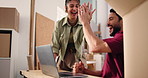 Laptop, high five and people in office for supply chain, shipping and delivery success. Small business, ecommerce team and workers celebrate on computer for inventory, distribution sales or logistics