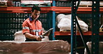 Man, scanner and inspection with tablet in warehouse for price check, supply chain or storage. Male person, distributor or supplier with technology for logistics, inventory management or stock count