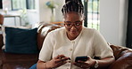 Credit card, phone and black woman on sofa for online shopping, internet payment and purchase. Happy, home and person on smartphone with banking app for ecommerce, web store and digital discount