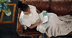 Creative, writing and woman with notebook, lounge and planning for story with ideas and inspiration. Above, author and black person with journal for novel, home and brainstorming with notes on couch