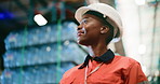 Happy, black woman and warehouse with inventory for inspection, quality control or stock in storage. Female person, employee or smile with hard hat for shipping, distribution or supply chain in depot