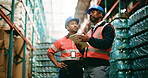 Logistics, communication and people with tablet in warehouse, storage inspection or plastic transport. Distribution agenda, quality control or team talking in depot for inventory check, tech or below