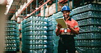 Tablet, shipping and scroll with man in warehouse for logistics, operations supervisor and delivery. Inventory manager, digital checklist and quality control with person for safety inspection