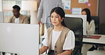 Computer, creative and woman in office for publishing, online article and research. Coworking, news agency and person on pc for proofreading report, copywriting and editing review for website content