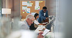 Teamwork, computer and review with business people in office for budget report, planning and research. Account manager, profit charts and bookkeeping with employees in agency for collaboration