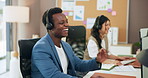 Customer service, agent and man with headset, coworking and humor for joke, communication and offer. Laughing, consultant and people with mic for discussion, problem solving or inquiry in call center