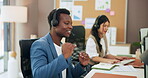 Agent, discussion and man with headset, coworking and customer service on website and communication. Consultant, talk and people with mic for inquiry, problem solving and conversation in call center