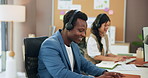 Agent, typing and man with headset, coworking and humor for joke, communication and customer service.  Call center, computer and people with mic for discussion, laugh and consultation for inquiry