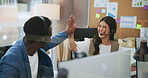 Telemarketing, people and high five in office with success for sales goal, target and collaboration. Happy, team and call center agent in workplace with celebration for partnership, win or milestone.
