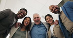Lawyer, team and face with hug at office, low angle or excited with solidarity at corporate law firm. People, advocate and attorney in group, embrace and happy for synergy in portrait at legal agency