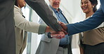 Below, business people or hands together in office with success for company objective, goal or target. Happy team, huddle and celebration in workplace with applause for unity, solidarity and synergy.