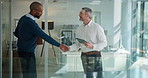 Business men, tablet and handshake in office with finance report, budget review and statement. Accountant, shaking hands and meeting with tech for financial audit and company performance evaluation