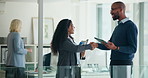 Corporate, people and meeting with handshake in office for welcome, introduction and recruitment. Employees, interview and shaking hands for agreement, thank you and congratulations of b2b onboarding