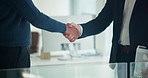 Business people, handshake and welcome in office with finance report, budget review or partnership. Accountant, meeting and shaking hands with deal, financial audit and company performance evaluation