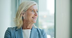 Happy, CEO and woman in office, thinking and investment banker with career development or confident. Future, reflection and mature person with vision for business growth, daydreaming and corporate