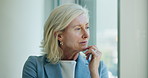 Thinking, business and woman at window in office for corporate mistake of economic downturn. Stress, mature person and disappointed employee for company bankruptcy, liquidation notice and job loss