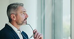 Corporate, reflection or man in office at window, decision or thoughts on client proposal. Mature, glasses or business consultant in agency with choice, space or thinking on stakeholder contract.