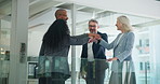 Stack of hands, clapping and business people in office with collaboration, solidarity and finance deal. Huddle, applause and financial managers with celebration for investment approval in workplace.