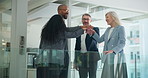 Stack of hands, applause and business people in office with collaboration, solidarity and finance deal. Huddle, clapping and financial managers with celebration for investment approval in workplace.
