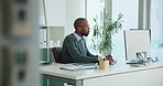 Business, typing and black man in office on computer for finance report, online proposal and research. Corporate, professional and person on pc for investment, financial review and budget planning