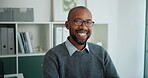 Happy, portrait and man with glasses in office, marketing  manager and pride for career development. Laughing, employee and confident for business growth with brand awareness, smile and black person