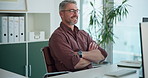 Financial advisor, computer and man in office, arms crossed and relax with profit increase. Mature person, pride and accountant in workplace, pc and bookkeeping with smile, risk management or success