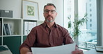 Face, man and listen in office with video call for paperwork discussion, administration and plan. Person, virtual chat and online meeting POV in workplace for document review, feedback and report.