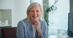Happy, face and mature businesswoman in office with confidence for finance career in management. Smile, glasses and portrait of female chief financial officer with pride for company in workplace.