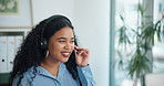 Business woman, consultant or communication with headset for online advice in office. Female person, friendly agent or talking with mic for virtual assistance, customer service or call center support