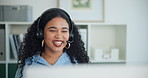 Business woman, agent or communication with headset for online advice in call center. Female person, happy consultant or talking with mic for virtual assistance, customer service or support in office