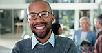 Laughing, face and man with glasses in office, marketing manager or confident for career development. Happy, employee and meeting for business growth with brand awareness, people and colleagues