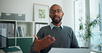 Face, man or talk in office with video call POV for paperwork discussion, proposal or administration. Black person, chat or online meeting in workplace with documents for review, feedback or explain.