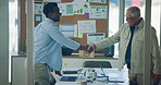 Teamwork, handshake and business people with graphs for budget, finance review and revenue meeting. Shaking hands, mentor and project management with statistics, charts or strategy for expense report