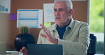 Man, team and laptop at office meeting, talk and review with planning at media company. Mature person, editor and discussion with web traffic stats, feedback and pc for project at creative agency