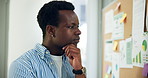 Black man, thinking and charts on board at startup, review and insight for web traffic stats at company. African person, media consultant and perspective with graphs, decision and marketing at agency